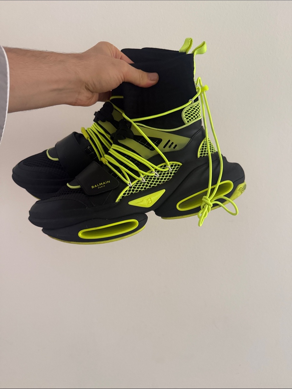 Balmain Men’s Black with Neon Yellow High-Top Sneakers